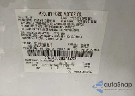 2019 Ford Flex Limited from USA, damaged, VIN 2FMGK5D83KBA15238